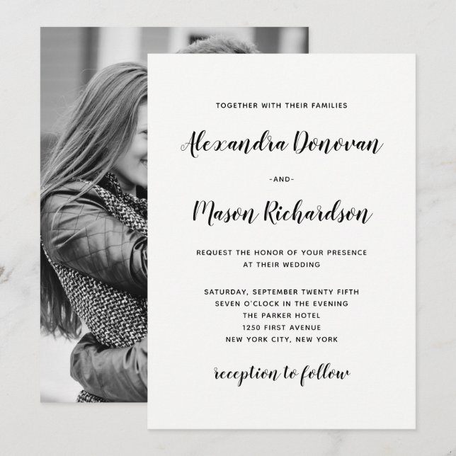 Modern Script | Black and White Photo Back Wedding Invitation (Front/Back)
