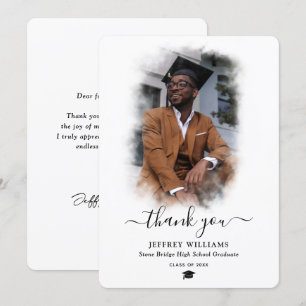 Modern Script Black and White Photo Graduation Thank You Card