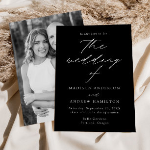 Modern Script Black and White Photo Wedding Invitation