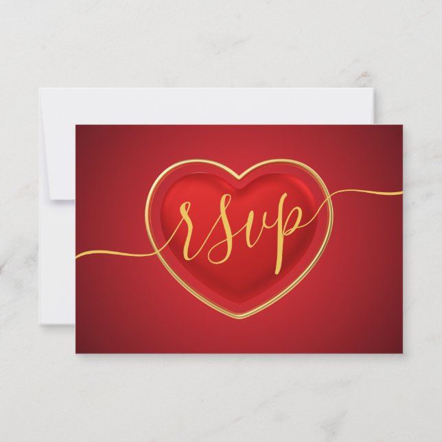 Modern Script Black And White With Red Gold Heart RSVP Card (Back)