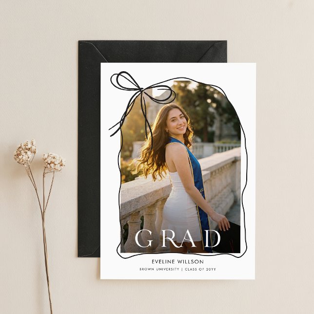 Modern Script Black Bow Grad Arch Photo Graduation Announcement (Creator Uploaded)
