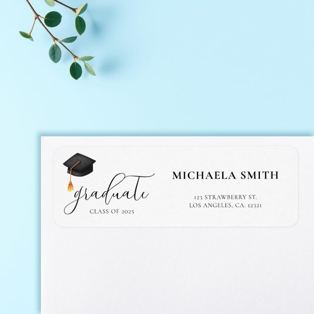 Modern Script Black Cap Graduation Return Address (Creator Uploaded)
