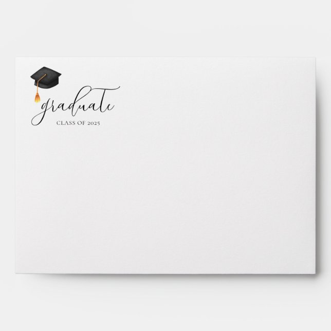 Modern Script Black Cap Graduation Return Address Envelope (Front)