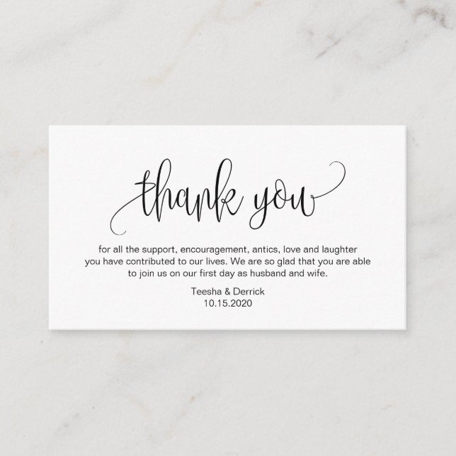 Modern Script, Black font, Wedding Thank you Enclosure Card (Front)