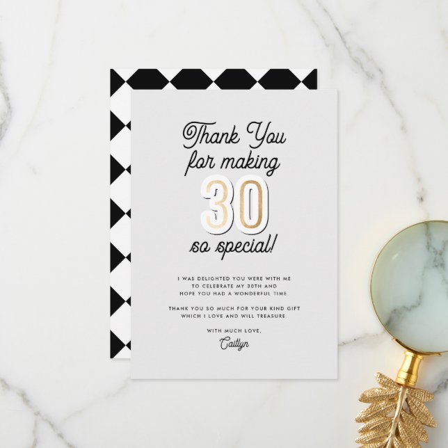 Modern Script Black & Gold 30th Birthday Thank You Card (Front/Back In Situ)