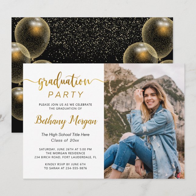 Modern Script Black Gold Balloon Graduation Photo Invitation (Front/Back)