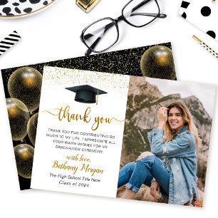 Modern Script Black Gold Balloon Graduation Photo  Thank You Card