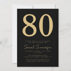 Modern Script Black Gold Eighty 80th Birthday Invitation