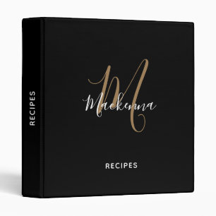 Modern Script Black Gold Monogram Name Recipe Binder