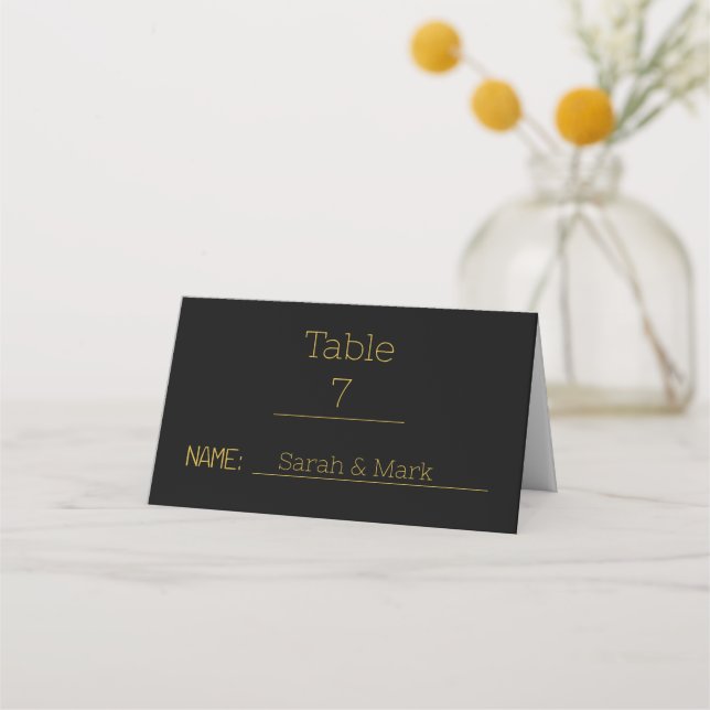 Modern Script Black & Gold Names Date Wedding  Place Card (Front)