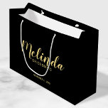 Modern Script Black&Gold Personalized Bridesmaids Large Gift Bag<br><div class="desc">Modern Script Personalized Bridesmaids Gift Bag featuring personalized bridesmaid's name in gold modern script font style with title and wedding date in modern sans serif font style on black background. Also perfect for Maid of Honour, Flower Girl, Mother of the Bride, Groomsmen, Best man and more. Please Note: The foil...</div>