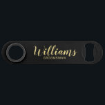 Modern Script Black& Gold Personalized Groomsmen Bar Key<br><div class="desc">Modern Script Personalized Groomsmen Bottle Opener featuring personalized groomsman's name in gold modern script font style with title and wedding date in modern sans serif font style on black background. Also perfect for Maid of Honour, Flower Girl, Mother of the Bride, Groomsmen, Best man and more. Please Note: The foil...</div>
