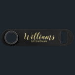 Modern Script Black& Gold Personalized Groomsmen Bar Key<br><div class="desc">Modern Script Personalized Groomsmen Bottle Opener featuring personalized groomsman's name in gold modern script font style with title and wedding date in modern sans serif font style on black background. Also perfect for Maid of Honour, Flower Girl, Mother of the Bride, Groomsmen, Best man and more. Please Note: The foil...</div>