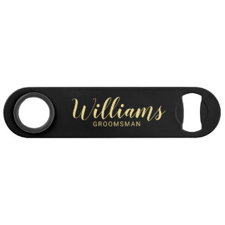 Modern Script Black& Gold Personalized Groomsmen Bar Key