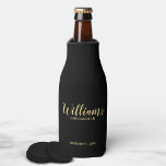 Modern Script Black&Gold Personalized Groomsmen Bottle Cooler<br><div class="desc">Modern Script Personalized Groomsmen Bottle Cooler featuring personalized groomsman's name in gold modern script font style with title and wedding date in modern sans serif font style on black background. Also perfect for Maid of Honour, Flower Girl, Mother of the Bride, Groomsmen, Best man and more. Please Note: The foil...</div>