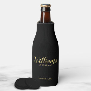 Modern Script Black&Gold Personalized Groomsmen Bottle Cooler