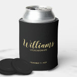 Modern Script Black&Gold Personalized Groomsmen Can Cooler<br><div class="desc">Modern Script Personalized Groomsmen Can Cooler featuring personalized groomsman's name in gold modern script font style with title and wedding date in modern sans serif font style on black background. Also perfect for Maid of Honour, Flower Girl, Mother of the Bride, Groomsmen, Best man and more. Please Note: The foil...</div>