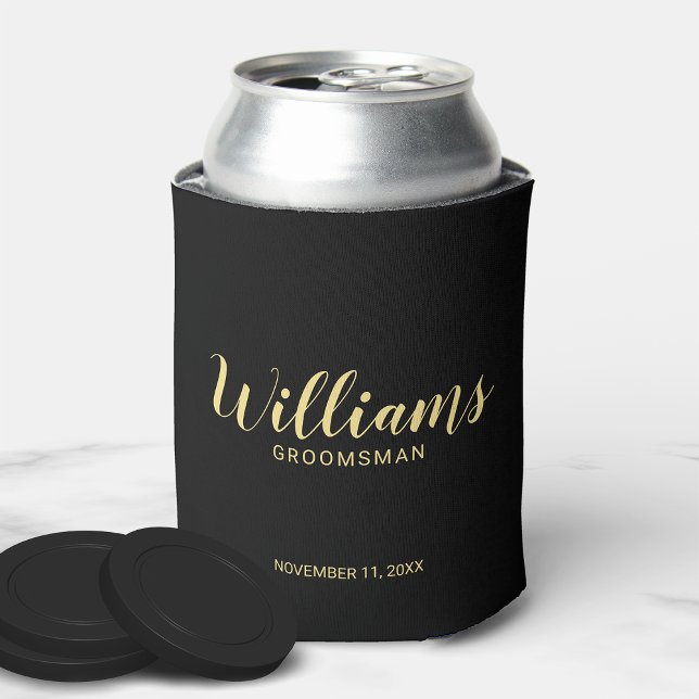 Modern Script Black&Gold Personalized Groomsmen Can Cooler (Creator Uploaded)