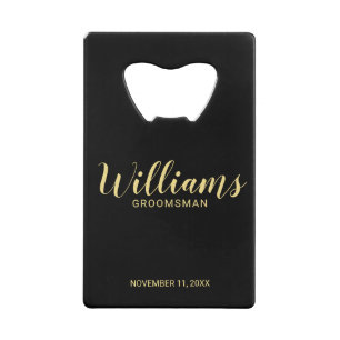 Modern Script Black&Gold Personalized Groomsmen Credit Card Bottle Opener