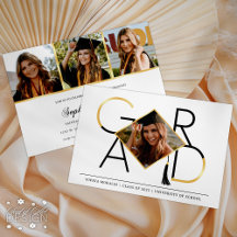 Modern Script Black Gold Tassel Grad Photo Collage