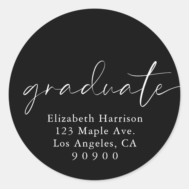 Modern Script Black Graduation Return Address Classic Round Sticker (Front)