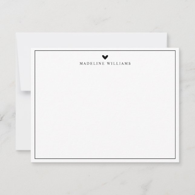 Modern Script Black Heart Border Monogram Card (Front)