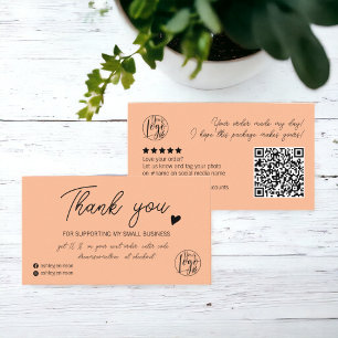 Modern script black peach order logo thank you qr  business card