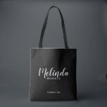 Modern Script Black Personalized Bridesmaids Tote Bag<br><div class="desc">Modern Script Personalized Bridesmaids Tote Bag
featuring personalized bridesmaid's name in white modern script font style with title and wedding date in modern sans serif font style on black background.

Also perfect for Maid of Honour,  Flower Girl,  Mother of the Bride and more.</div>