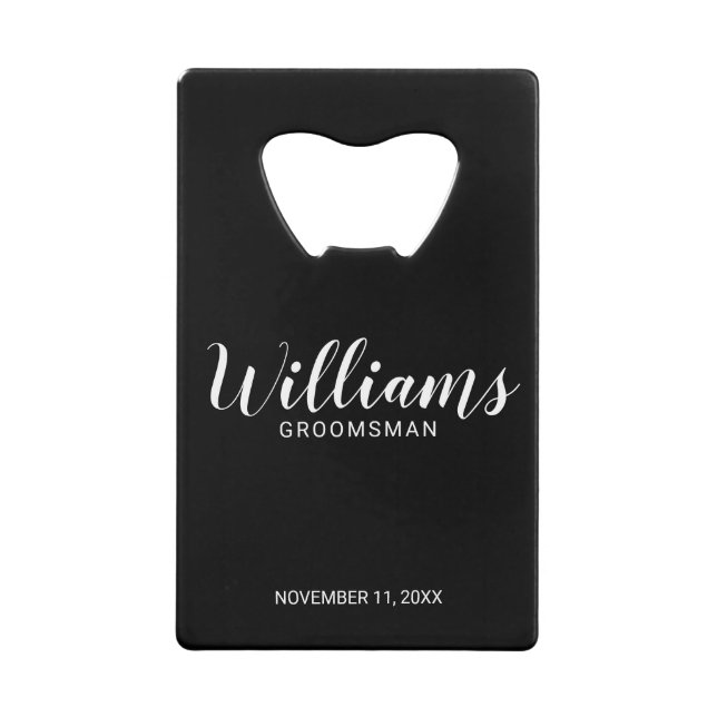 Modern Script Black Personalized Groomsmen Credit Card Bottle Opener (Front)
