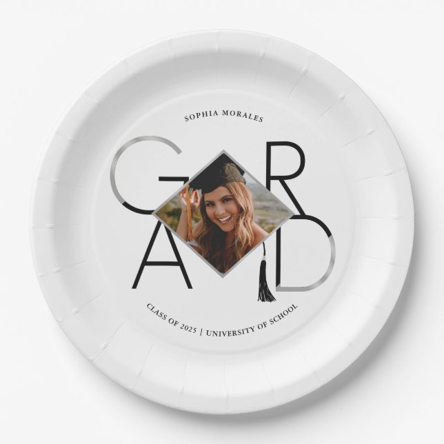 Modern Script Black Silver Tassel Grad Photo Frame Paper Plate (Front)