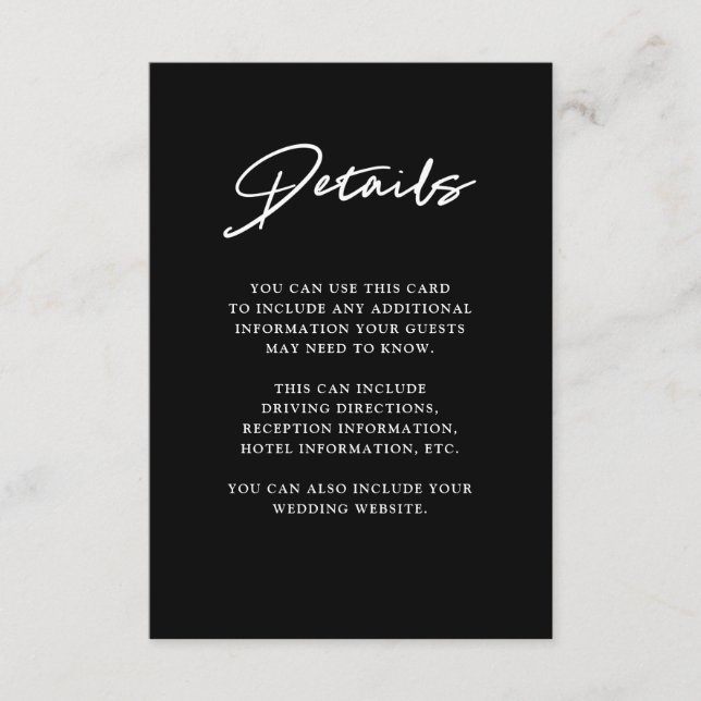 Modern Script | Black Wedding Details Enclosure Card (Front)