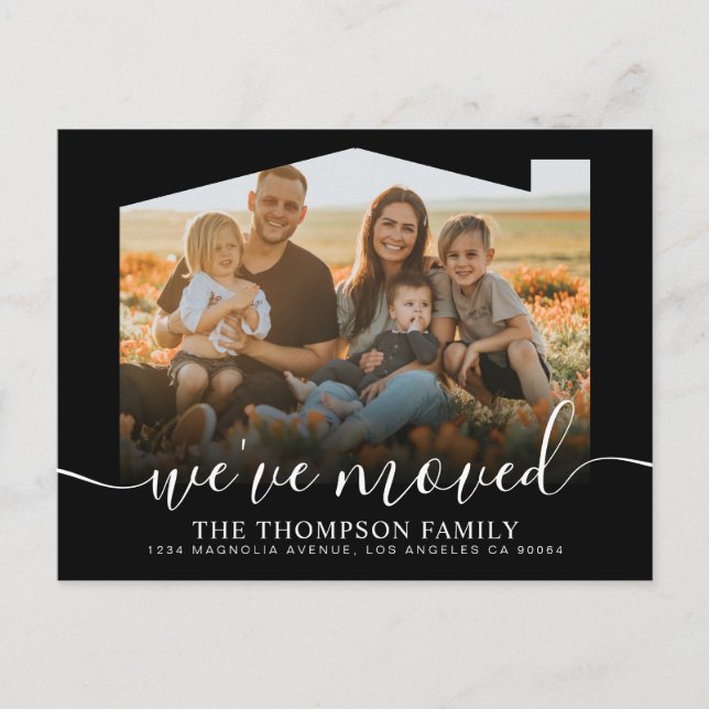 Modern Script Black We've Moved Photo Moving Announcement Postcard (Front)
