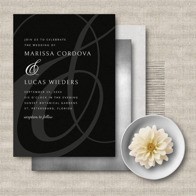 Modern Script Black White Ampersand Wedding Invitation (Creator Uploaded)
