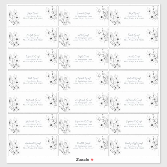 Modern Script Black White Floral Guest Address (Sheet)