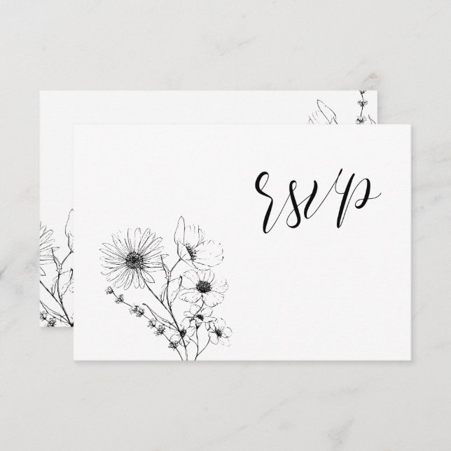 Modern Script Black White Floral No Menu RSVP Card (Front/Back)