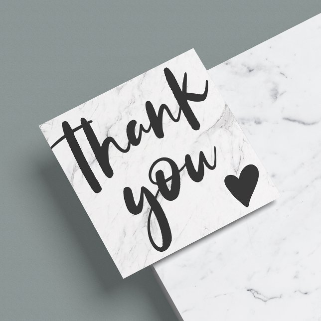 Modern script black white marble thank you square business card (Creator Uploaded)