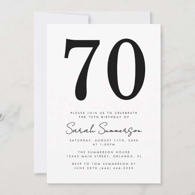 Modern Script Black White Seventy 70th Birthday Invitation (Front)