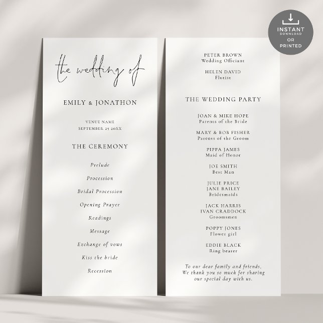 Modern Script Black White Wedding Program (Front and back view)