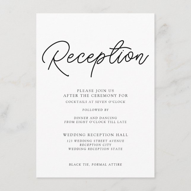 Modern Script Black & White Wedding Reception  Enclosure Card (Front)
