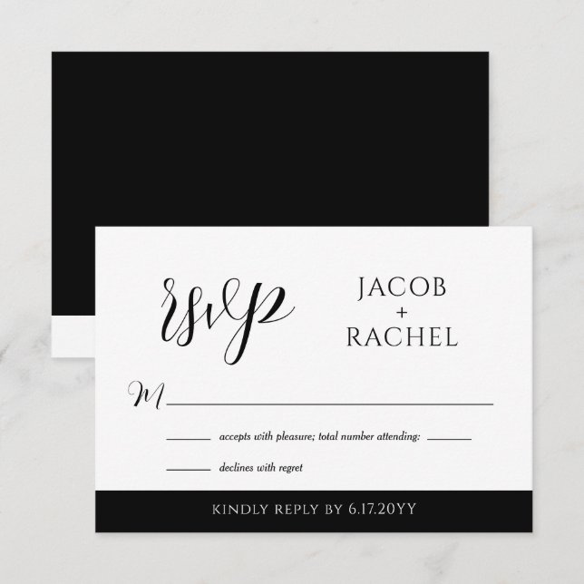 Modern Script Black & White Wedding RSVP Card (Front/Back)