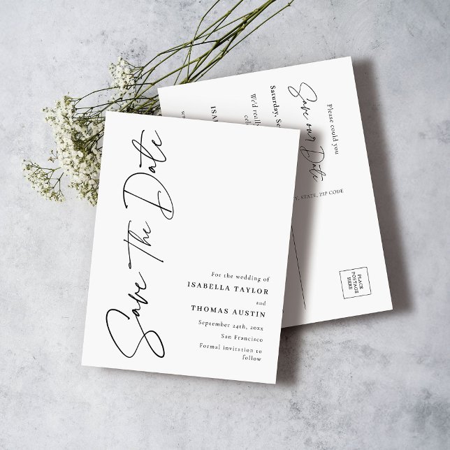 Modern Script Black White Wedding Save the Date Announcement Postcard (Creator Uploaded)