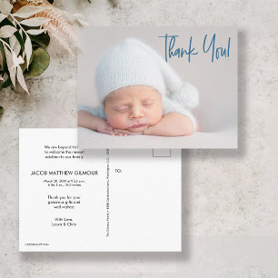 Modern script blue baby Boy Photo baby shower Postcard