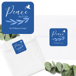 Modern Script Blue & White Hanukkah Blessing Square Sticker<br><div class="desc">Discover striking blue and white Hanukkah Script "Peace, Love & Light" Blessing Stickers, available in 1.5-inchsquares with 20 per sheet, or in a larger 3-inch square or circle format.</div>