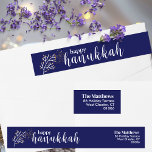 Modern Script Blue & White Hanukkah Return Address Wrap Around Label<br><div class="desc">A stylish modern script set against a dark blue background creates an eye-catching Hanukkah Return Address Wrap Around Label.
Size: Classic - 1" x 7.25"
Sheet of 24 self-adhesive labels
Dimensions: 7.25"l x 1"w (per label)
Matte finish, easy to write on</div>