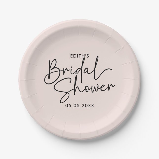 Modern Script blush Handwritten Bridal Shower Paper Plate (Front)