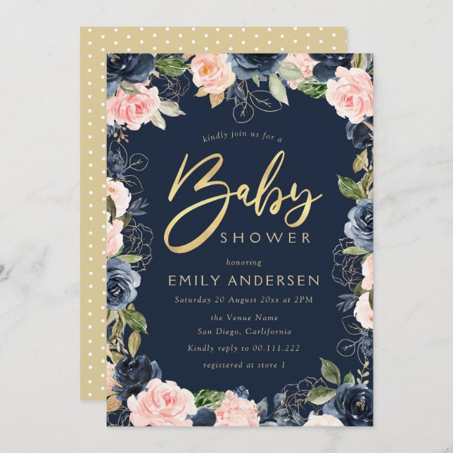 Modern script blush & navy baby shower invitation (Front/Back)