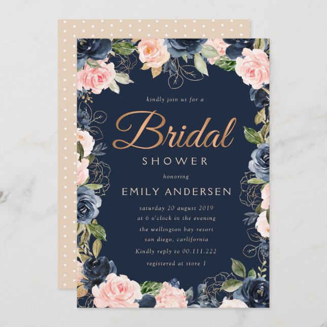 Modern script blush & navy bridal shower invitation (Front/Back)