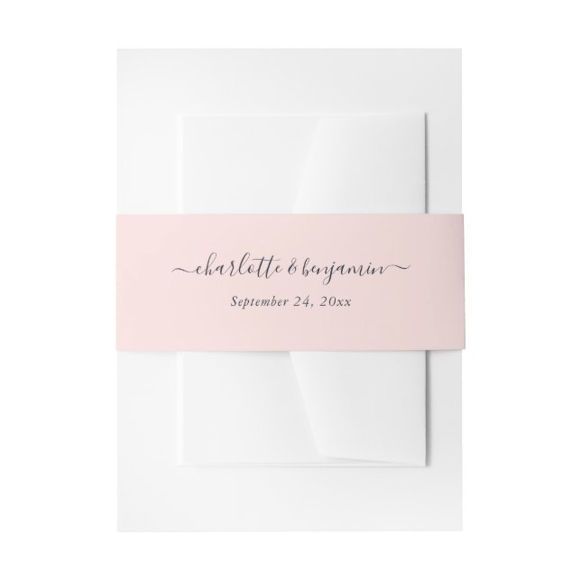 Modern Script Blush Pink Navy Blue Wedding Invitation Belly Band (Front Example)