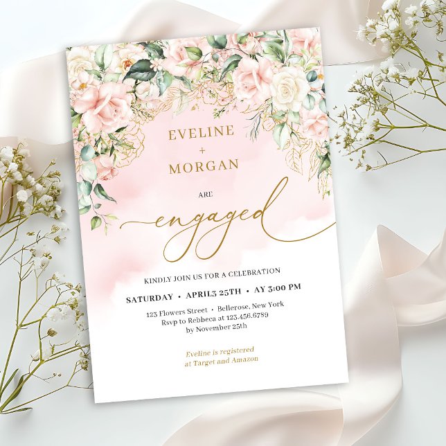 Modern script boho blush roses sage and gold invitation (Elegant watercolor pale pink roses sage green and gold engagement invitation digital)