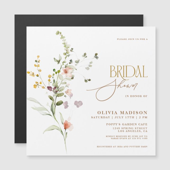 Modern Script Boho Flower Garden Bridal Shower Magnetic Invitation (Front/Back)